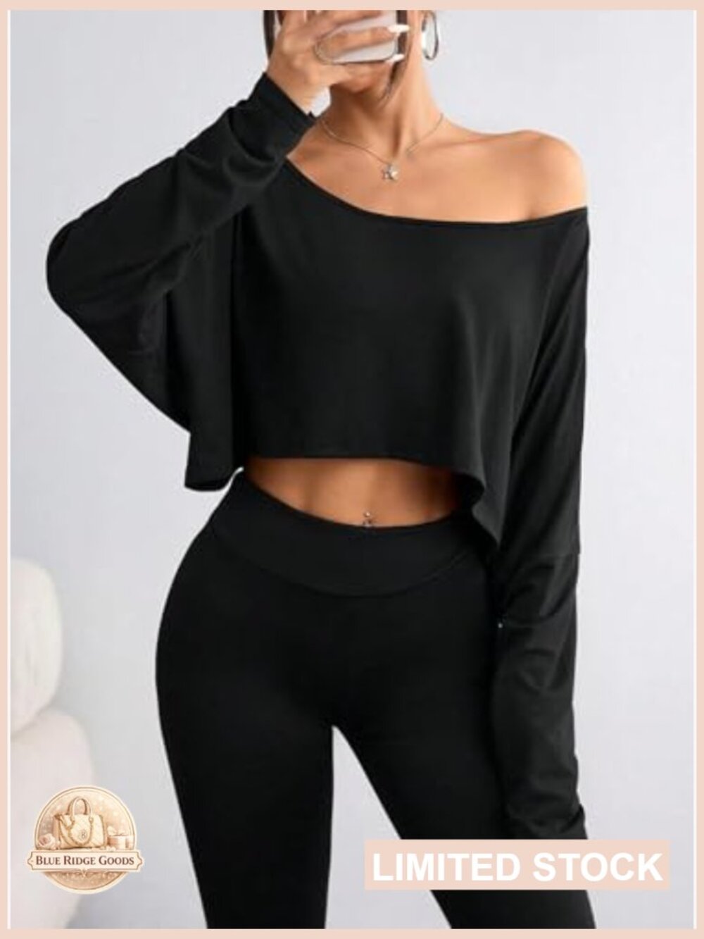 Womens Boat Neck Crop Top Long Sleeve Oversized Tee Loose Fit Sexy Off Shoulder - Picture 3 of 6